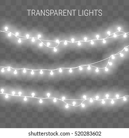 Glowing lights for holidays. Transparent glowing garland. White glowing lights for greeting card design. Garlands, Christmas decorations