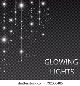 Glowing lights for holidays. Transparent glowing garland. White glowing lights for greeting card design. Garlands, Christmas decorations
