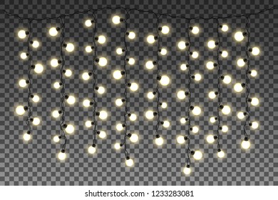 Glowing lights isolated on transparent background. Realistic glowing garlands. Christmas decorations. Vector illustration.