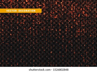 Glowing lights red glitter. Sparkle particles texture. Christmas orange dust. Luxury sparkling vector background Sunlight lens flare. Shining elements and stars. Transparent particles texture.