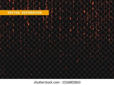 Glowing lights red glitter. Sparkle particles texture. Christmas orange dust. Luxury sparkling vector background Sunlight lens flare. Shining elements and stars. Transparent particles texture.