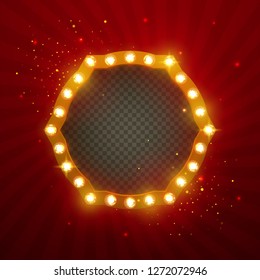 Glowing lights retro for advertising design. Special light effects. Vector Background show. Realistic Vintage frame. 3D