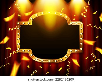 Glowing lights retro frame for advertising design. Special light effects. Colorful stage lights background. Vector Background show. Studio backdrop with confetti. Illuminated round realistic banner