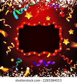 Marco retro de luces brillantes para el diseño publicitario. Efectos especiales de la luz. Fondo de las luces de escenario coloridas. Muestra de fondo del vector. Fondo de estudio con confeti. Banner realista iluminado.