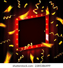 Glowing lights retro frame for advertising design. Special light effects. Colorful stage lights background. Vector Background show. Studio backdrop with confetti. Illuminated square realistic banner.