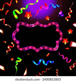 Glowing lights retro frame for advertising design. Special light effects. Colorful stage lights background. Studio backdrop with confetti. Illuminated realistic banner. Vector illustration
