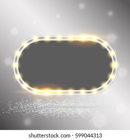 Glowing lights retro frame for advertising design. Special light effects. Vintage stage lights backdrop. Vector Background show. Illuminated round realistic banner. 3D.