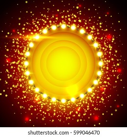 Glowing lights retro frame for advertising design. Special light effects. Colorful stage lights background. Vector Background show. Studio backdrop with confetti. Illuminated round realistic banner