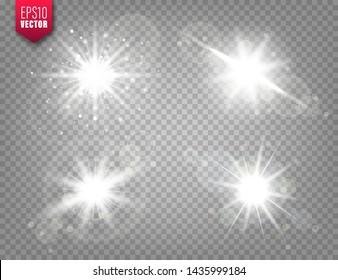 Luces brillantes colocadas sobre fondo transparente. Efecto de la llama. Brillante brillante, luz solar. Ilustración vectorial.