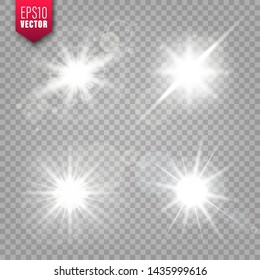 Glowing lights set on transparent background. Lens flare effect. Bright sparkling flash, sunlight. Vector illustration.