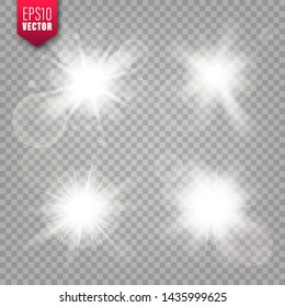 Glowing lights set on transparent background. Lens flare effect. Bright sparkling flash, sunlight. Vector illustration.