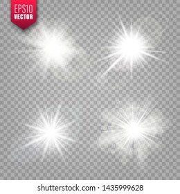 Glowing lights set on transparent background. Lens flare effect. Bright sparkling flash, sunlight. Vector illustration.