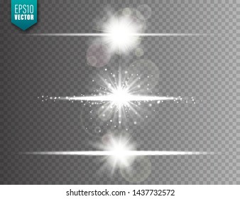 Glowing lights set on transparent background. Lens flare effect. Bright sparkling flash, sunlight. Vector illustration.