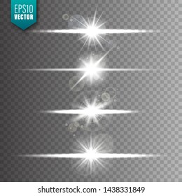 Glowing lights set on transparent background. Lens flare effect. Bright sparkling flash, sunlight. Vector illustration.