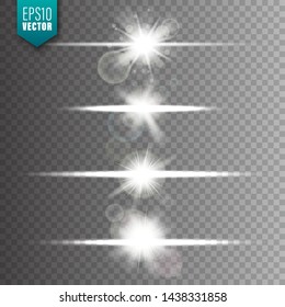 Glowing lights set on transparent background. Lens flare effect. Bright sparkling flash, sunlight. Vector illustration.