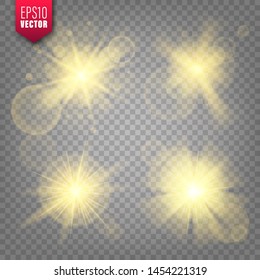 Glowing lights set on transparent background. Lens flare effect. Bright sparkling flash, sunlight. Vector illustration.