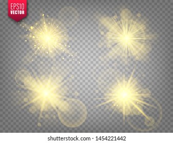 Glowing lights set on transparent background. Lens flare effect. Bright sparkling flash, sunlight. Vector illustration.