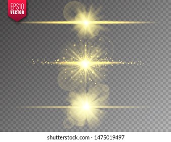 Glowing lights set on transparent background. Lens flare effect. Bright sparkling flash, sunlight. Vector illustration.