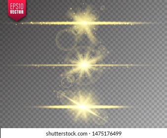 Glowing lights set on transparent background. Lens flare effect. Bright sparkling flash, sunlight. Vector illustration.