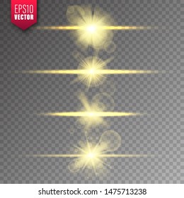 Glowing lights set on transparent background. Lens flare effect. Bright sparkling flash, sunlight. Vector illustration.