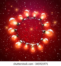 Glowing Lights With Snow. Vector Holiday Illustration of Luminous Electric Wreath. Winter Decoration