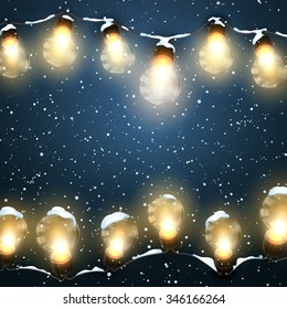 Glowing Lights With Snow. Vector Holiday Illustration of Luminous Electric  Garland. Winter decoration
