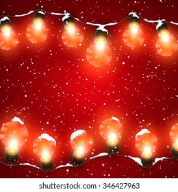 Glowing Lights With Snow. Vector Holiday Illustration of Luminous Electric  Garland. Winter decoration