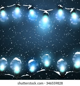 Glowing Lights With Snow. Vector Holiday Illustration of Luminous Electric  Garland. Winter decoration