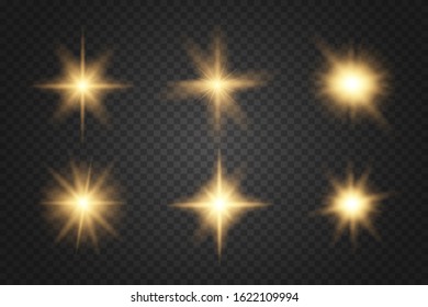 Glowing lights and stars. Abstract golden lights isolated on a transparent background.  Shine ray with lightning. Glow effect. The star burst with brilliance.