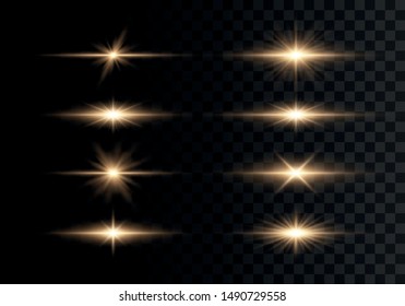 Glowing lights and stars. Isolated on  transparent background. Set of light explodes. Sparkling magical dust particles. Bright star, sparkles Transparent shining sun, flash Vector Light effect