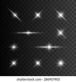 Glowing lights and stars. Isolated on black transparent background. Vector illustration, eps 10.