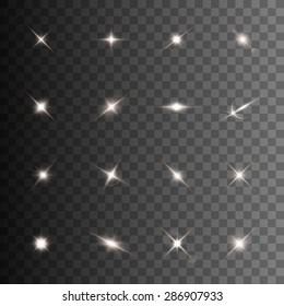 Glowing lights and stars. Isolated on black transparent background. Vector illustration, eps 10.