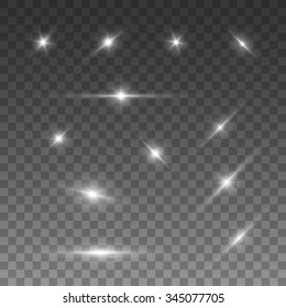 Glowing lights and stars. Isolated on black transparent background. Vector illustration, eps 10.