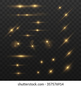 Glowing lights and stars. Isolated on black transparent background. Vector illustration, eps 10.