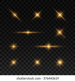 Glowing lights and stars. Isolated on black transparent background. Vector illustration, eps 10.