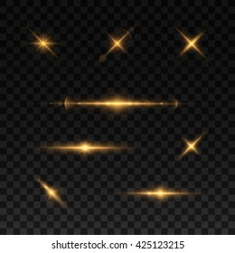 Glowing lights and stars. Isolated on black transparent background. Vector illustration, eps 10.