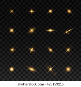 Glowing lights and stars. Isolated on black transparent background. Vector illustration, eps 10.