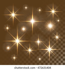 Glowing lights and stars. Isolated on colorful transparent background. Vector illustration