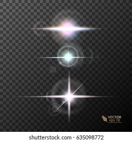 Glowing lights and stars. Isolated on black transparent background. Vector illustration, eps 10.