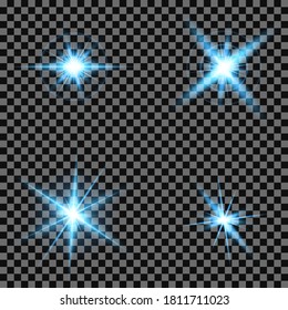Glowing lights and stars. Light effect collection for your design. Star burst set. Star flash with rays. Isolated on transparent background. Vector illustration. EPS 10.