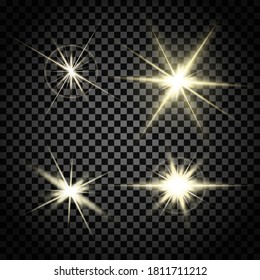 Luces brillantes y estrellas. Efecto ligero para tu diseño. Estrella rota. El sol brilla con rayos. Aislado sobre un fondo transparente. Ilustración vectorial. EPS 10.