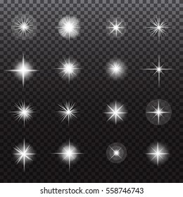 Glowing lights and stars on transparent background. Abstract vector set