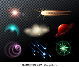 Glowing lights, stars, sparkles and comets on transparent background.