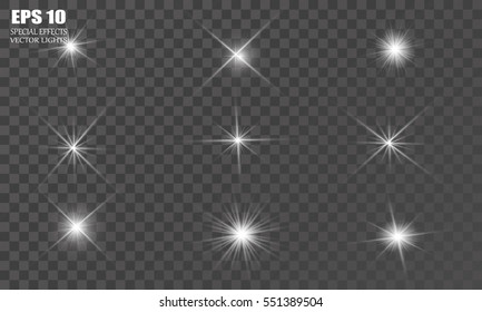 Glowing lights, stars and sparkles. Isolated on black transparent background. Vector illustration