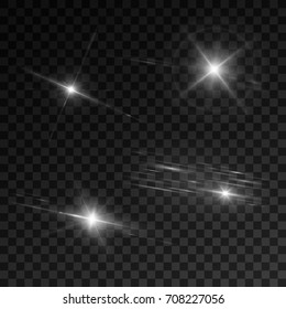 Glowing lights, stars and sparkles. Isolated on black transparent background. Vector illustration, eps 10.