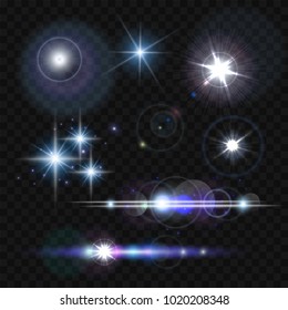 Glowing lights, stars and sparkles. Vector illustration on transparent background, eps 10.