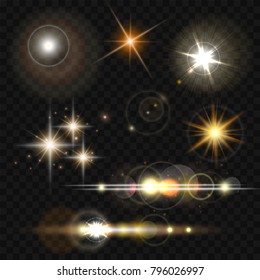 Glowing lights, stars and sparkles. Vector illustration on transparent background, eps 10.