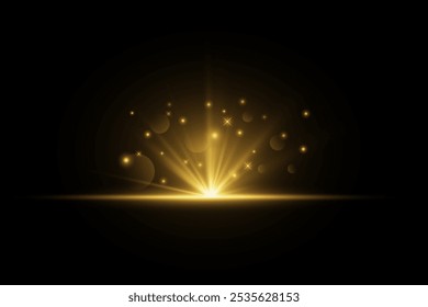 Glowing lights of sun rays. Bright and shining golden star.Flash effect. The star flashed with bright light. Vector illustration, EPS 10.