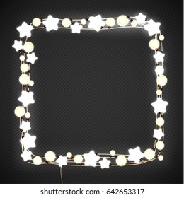 Glowing Lights Wreath Garland Illustration. Holiday Background. Realistic luminous garland Background. Christmas decoration. Transparent illustration.