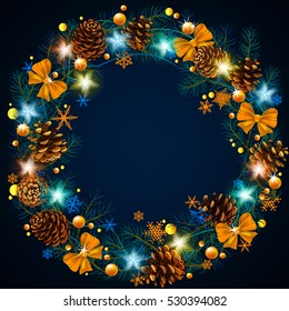 Glowing Lights Wreath for Holiday Greeting Cards Design. New Year's pattern. Wreath. Garland. Snowflakes. Winter Decoration. Bow. Ribbon. Blue Spruce Branches. Fir. Pine cone. luminous garland.